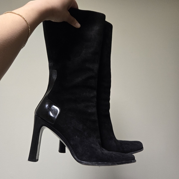 Square Toe Suede Black Boots - Picture 1 of 9